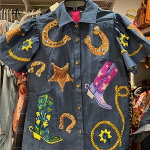 Queen of Sparkles denim cowgirl icon sequin top shirt M never worn NWOT